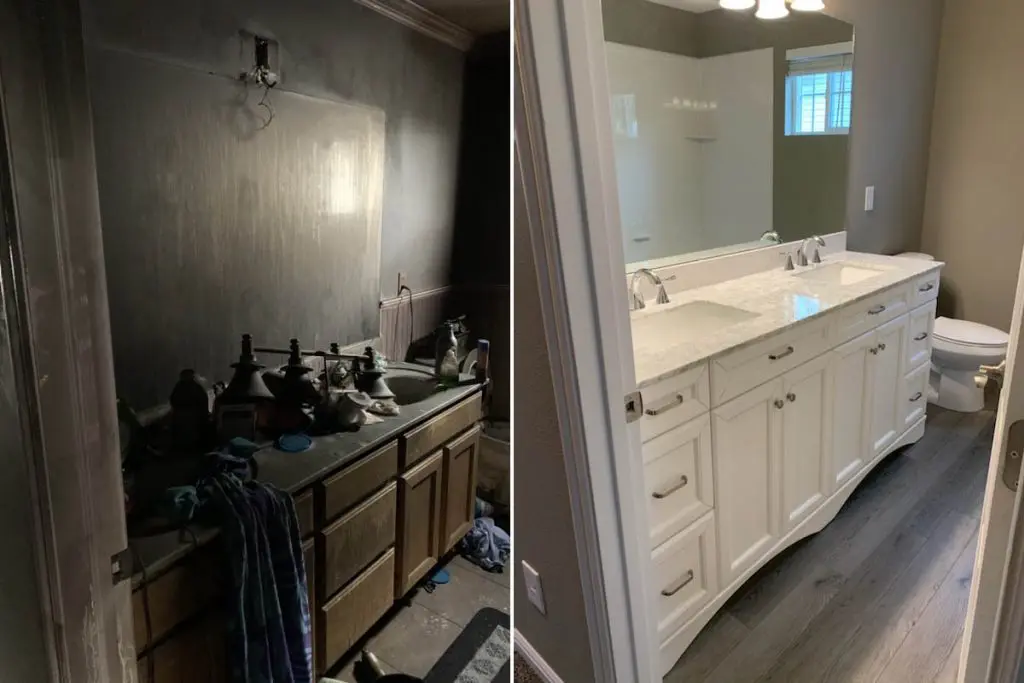 A before and after image of a bathroom with smoke damage